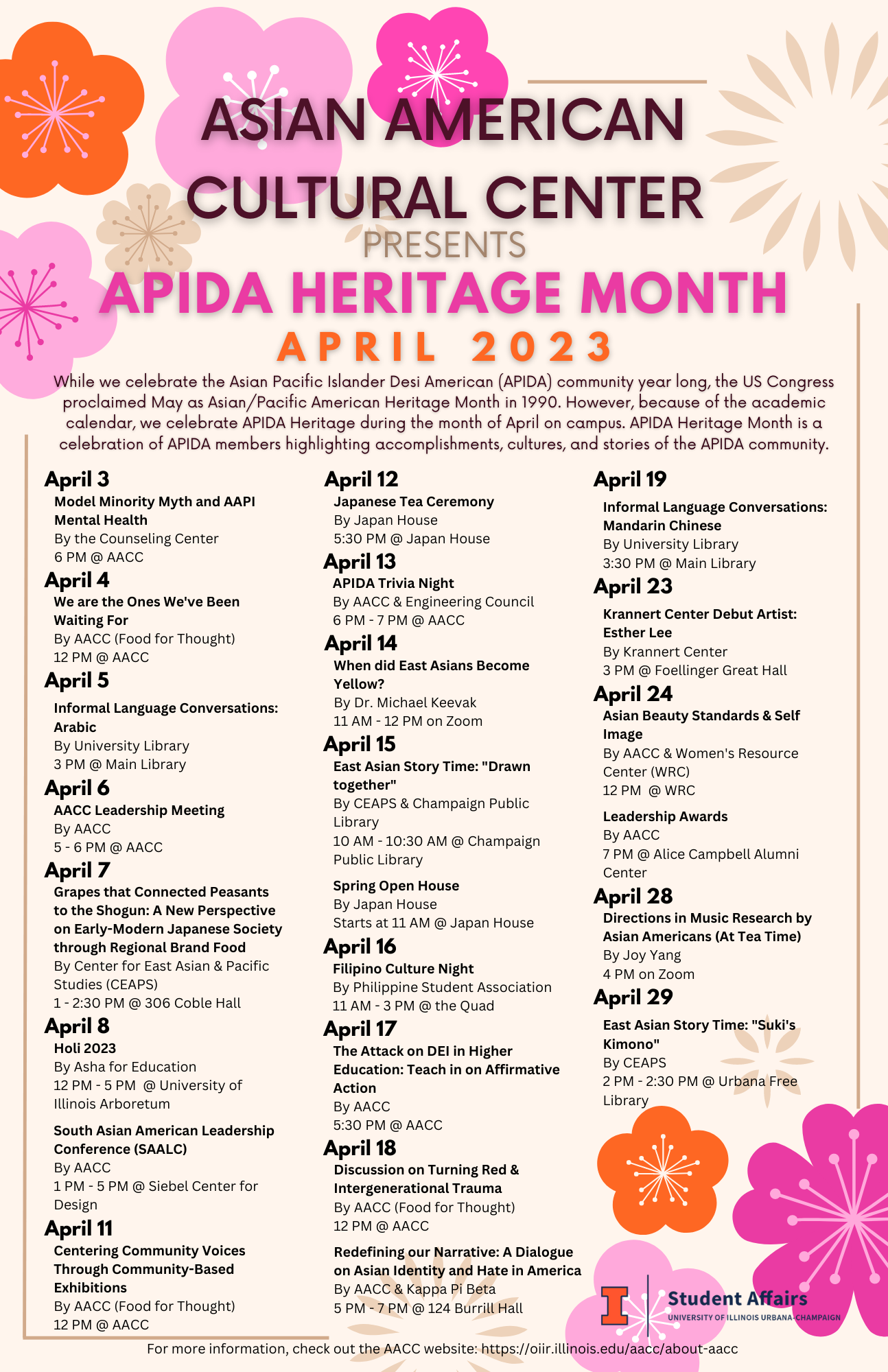 April 2023 APIDA Heritage Month schedule poster including text about the events and orange and pink flower illustrations in the upper left and lower right corners