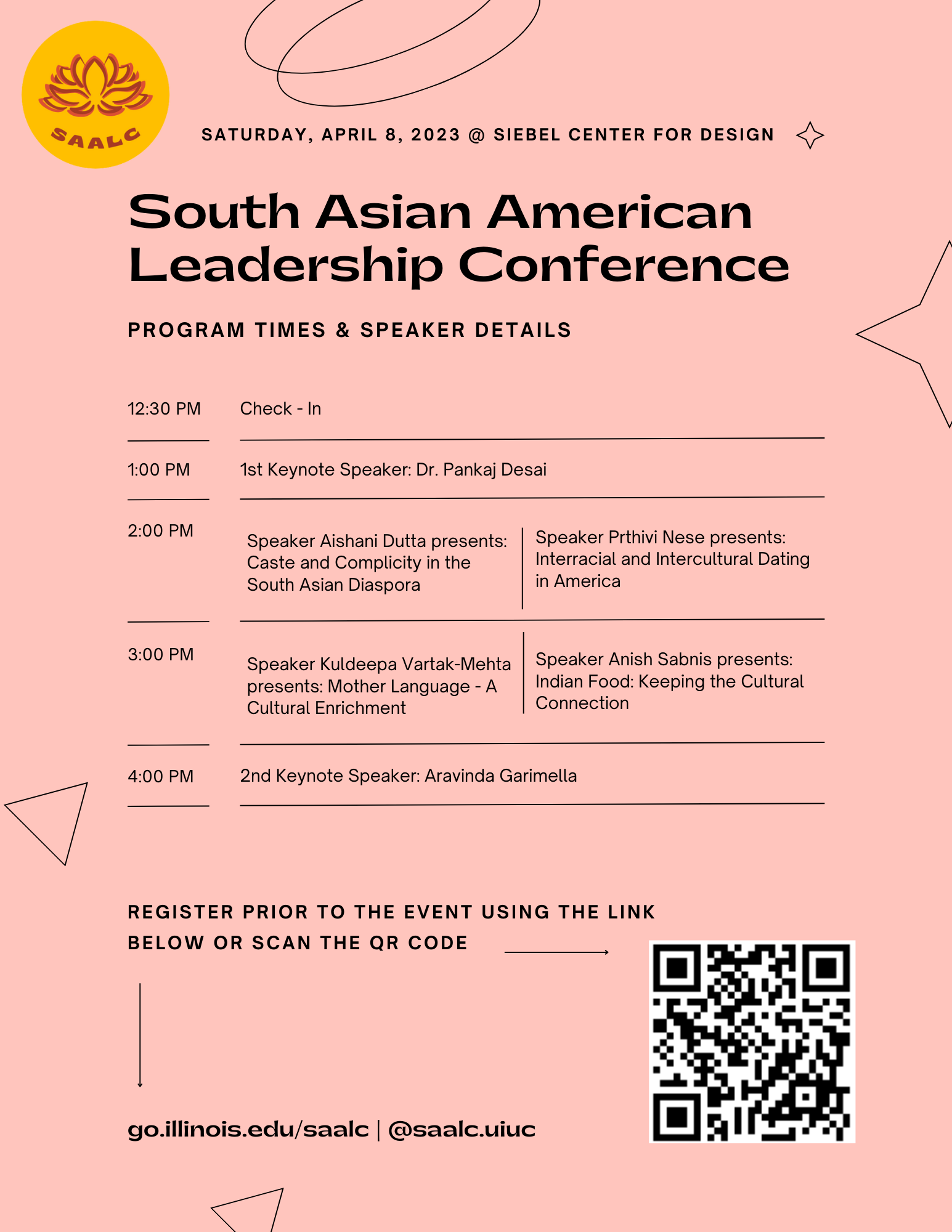 2023 SAALC Schedule poster featuring text about the conference on a salmon pink background with the yellow SAALC logo in the upper left