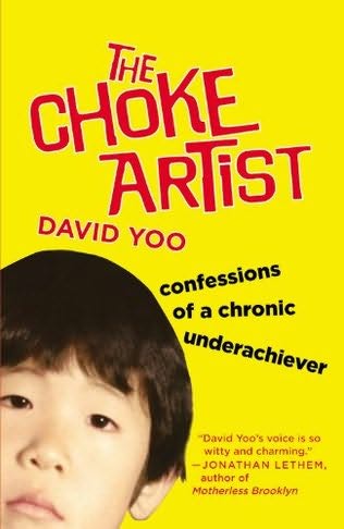 The Choke Artist book cover featuring child in lower left corner and red text agains yellow background