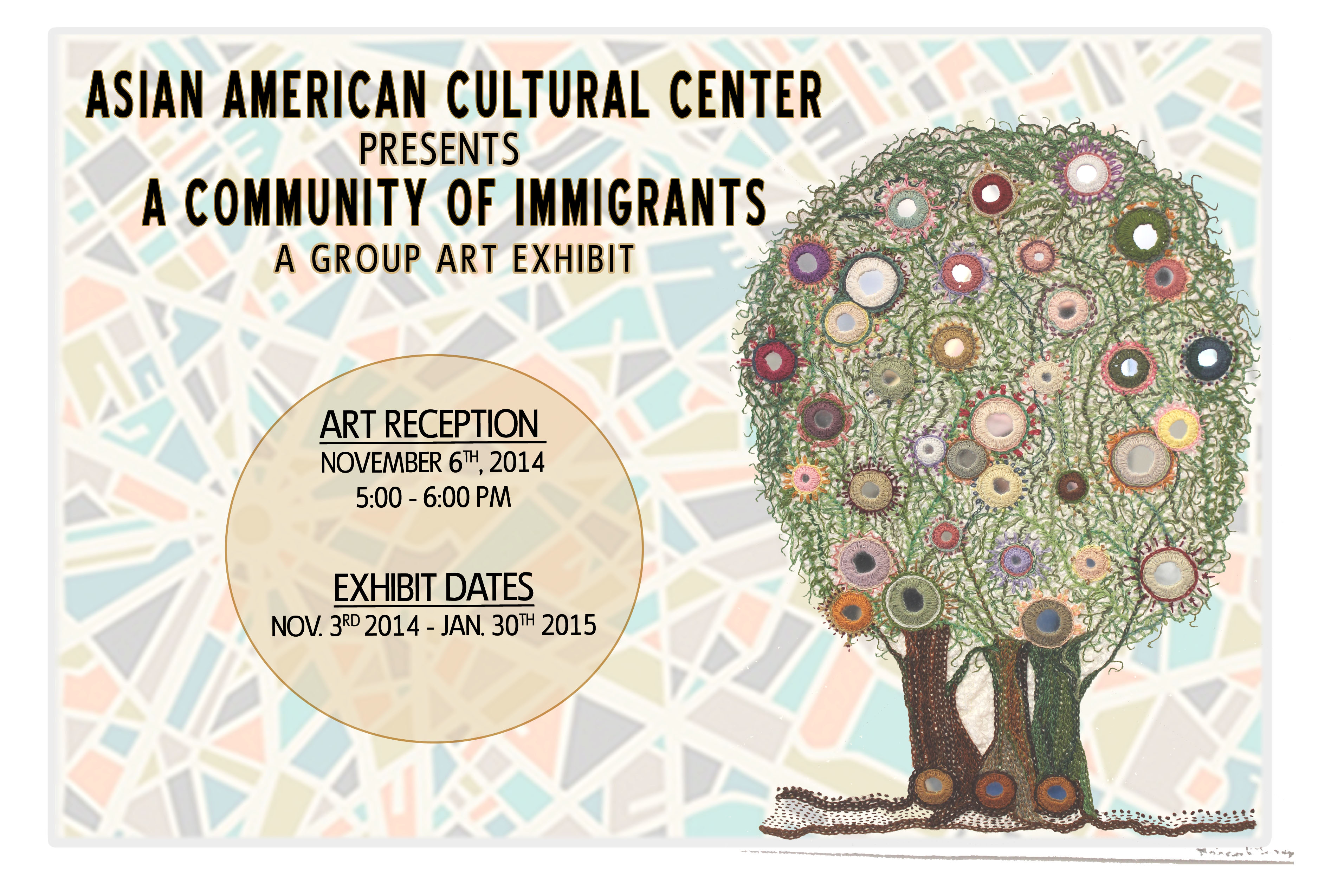 A Community of Immigrants poster featuring colorful sharp angled shapes in background and an ornate tree illustration