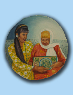 Round painting featuring two women in traditional garb
