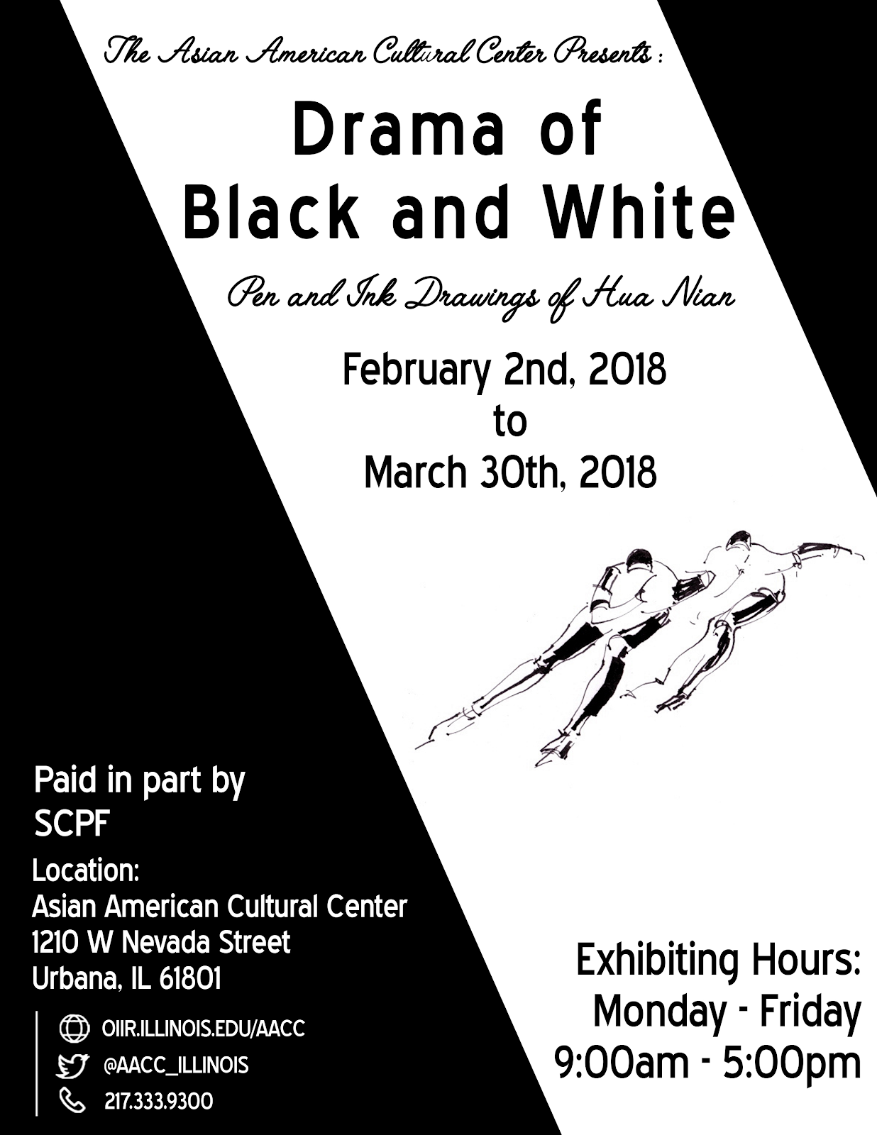 Drama of Black and White poster featuring ink drawing of two speed skating figures in a white angled stripe down middle of black background