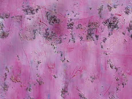 Abstract pink-toned painting with dark particles sprinkled on top