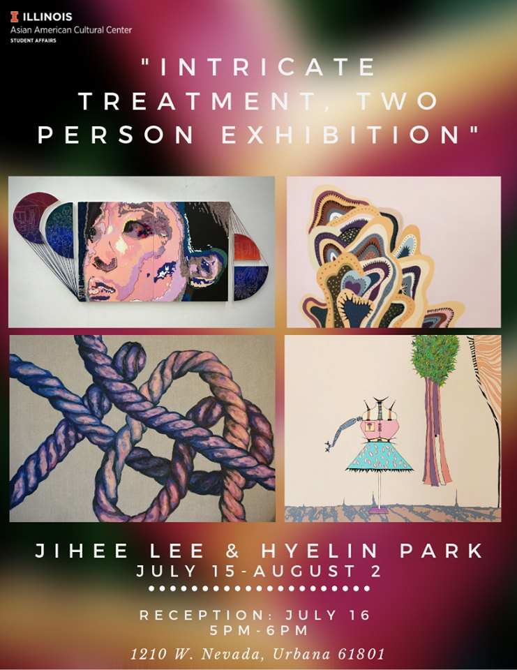 Intricate Treatment, Two Person Exhibition poster featuring blurred background and grid of four paintings -- a face, a rope, a feather like image, and figure next to a tree