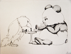 Line drawing of a panda and bird playing chess