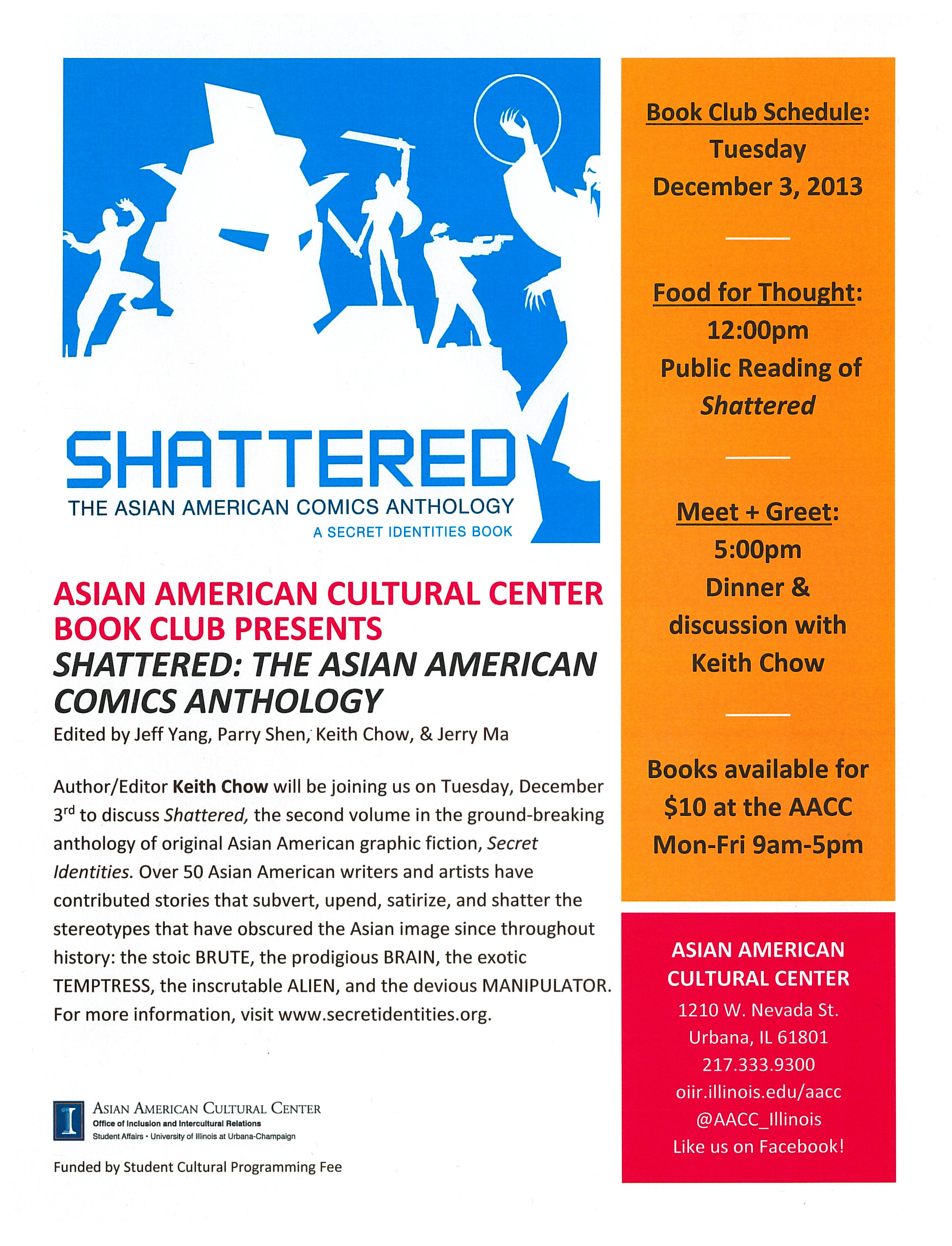 'Shattered' poster featuring text about the book and events as well as comic book figure shapes silhouetted against blue background